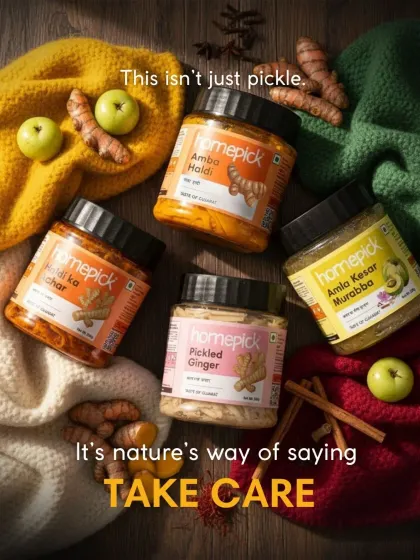 This isn't just pickle; it's nature's way of saying "take care." Our winter collection, featuring Amba Haldi, Amla ka Achar, and Pickled Ginger, is designed to nourish and comfort you.