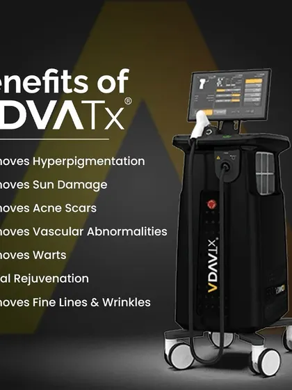 This graphic lists the wide range of benefits of the AdvaTx laser, from removing hyperpigmentation and acne scars to overall facial rejuvenation and reducing fine lines.