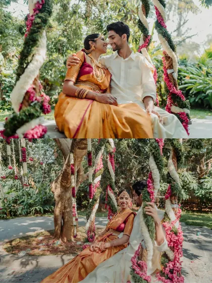 A collage of a couple sharing a sweet moment on a floral swing decorated with red and white flowers.
