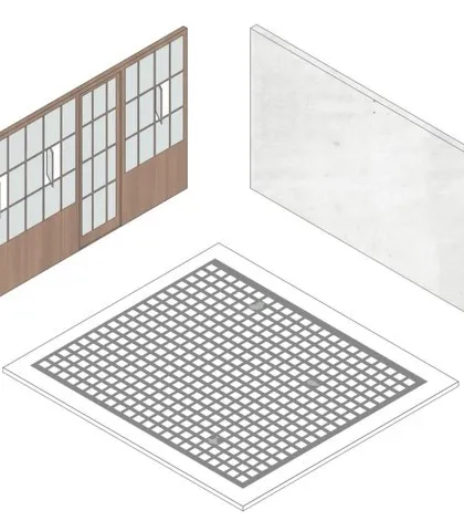 **On The Grid, Ahmedabad:** An exploded axonometric drawing reveals the core components of the 'On The Grid' office design. The gridded flooring, wooden partitions, and minimalist walls come together to create a cohesive and conceptually clear workspace.