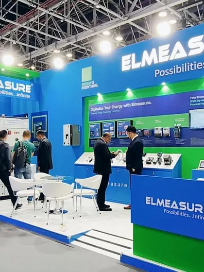 A wide shot of my vibrant and busy booth at the Middle East Energy 2025 expo in Dubai.