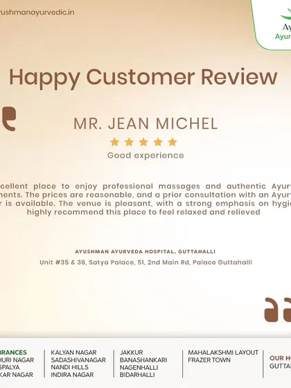This review from Mr. Jean Michel for our Ayushman Ayurveda Hospital in Guttahalli highlights our professional massages, authentic treatments, and pleasant, hygienic environment. We are recommended as an excellent place to feel relaxed and relieved.