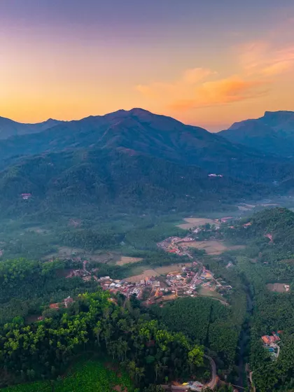 The town of Kalasa nestled in the Western Ghats, seen from above at sunset.