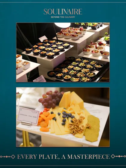 A collage where every plate is a masterpiece, featuring a salad bar and an artisanal cheese and fruit platter. We curate every detail to captivate and delight.