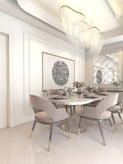 This 3D concept for a dining room features a marble-top table, plush velvet chairs, and a cascading crystal chandelier. The design is all about creating a sophisticated and memorable dining experience.