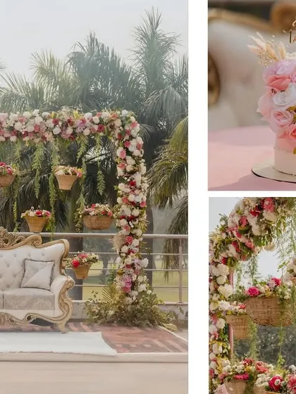 A collage of the beautiful pastel-themed decor from a roka ceremony, including the floral seating arrangement and the elegant cake.