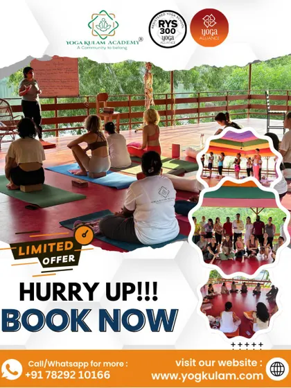A call to book your spot in our 300-hour YTTC in Kerala. This poster shows a teacher leading a class, giving a sense of the interactive and guided learning environment.