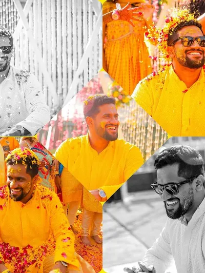 This collage is all about the groom's Haldi experience. It features a mix of colour and black and white shots of him smiling and laughing as he gets covered in turmeric and flowers.