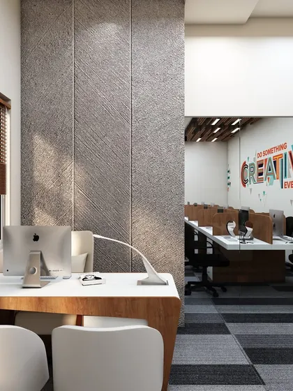 A 3D render showing a view from a private office into the main workspace. This helps clients understand the sightlines and the level of privacy or connection between different areas.