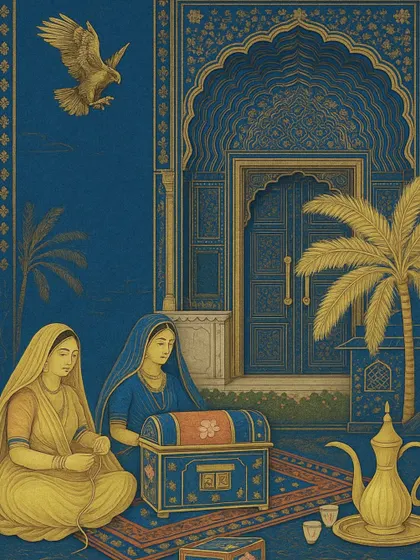This artwork from the Golden Dunes collection portrays a scene of quiet preparation and heritage. It reflects the soulful and intimate side of Indian weddings, where tradition is honored with grace and beauty.