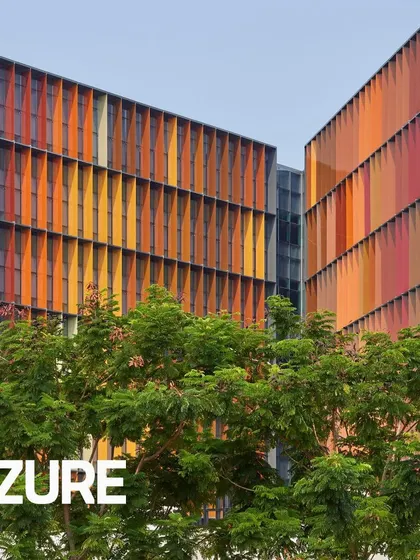 Our Infosys Campus in Nagpur was featured in Azure Magazine, which highlighted the project's striking and colourful array of energy-saving solar fins. This image shows how the fins create a visual rhythm across the building's exterior.