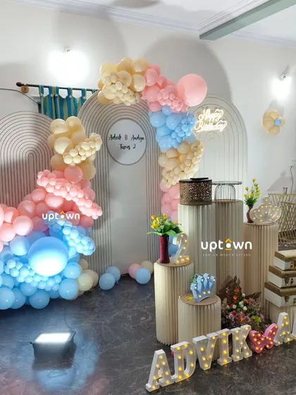 A wide shot of the modern pastel decor.