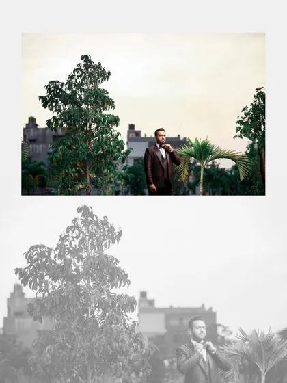 A creative diptych of the groom's portraits, using a wide shot and a black and white version to add variety.