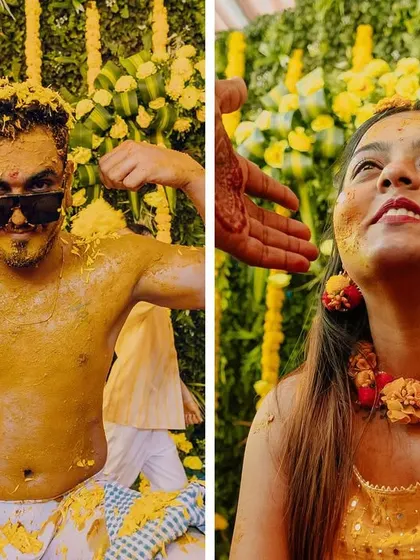 A diptych capturing the groom's playful flexing and the bride's happy expression as she gets Haldi applied. It shows both their personalities during the ceremony.