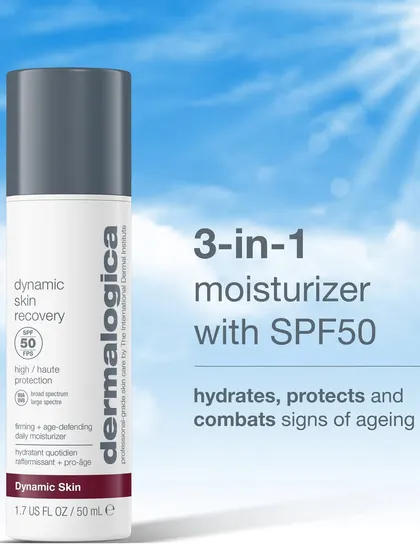 Sunscreen is a non-negotiable step in any skincare routine. We recommend Dermalogica’s Dynamic Skin Recovery with SPF50, a 3-in-1 moisturizer that hydrates, protects from UV rays, and combats signs of aging.