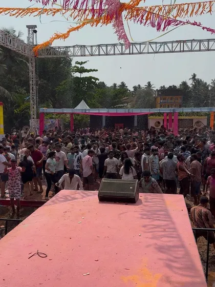 The aftermath of a wild Holi party in Goa. The colorful ground is a testament to the fun everyone had.