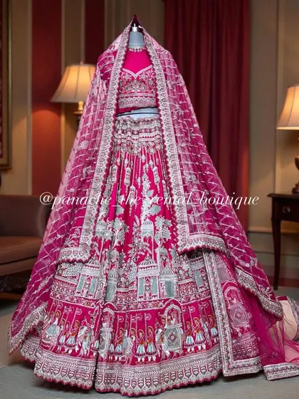 A stunning pink bridal lehenga featuring intricate silver embroidery depicting a royal wedding procession. This is a masterpiece of storytelling, designed for the bride who wants her outfit to be a work of art.