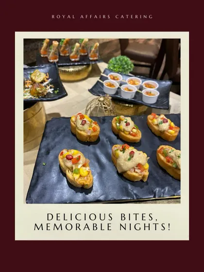 A collection of delicious bites designed for memorable nights. This image shows a variety of my appetizers, including bruschetta and other canapés, ready to be served.