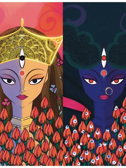 A powerful digital illustration depicting the duality of Goddess Durga and Kali, showcasing my ability to create narrative art rooted in mythology.