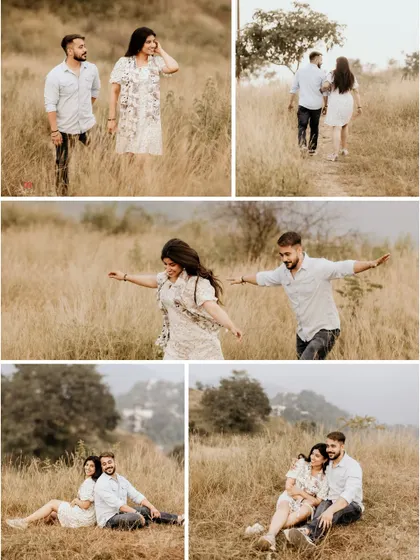 A collage of playful and romantic moments in a grassy meadow, capturing the carefree spirit of the couple.