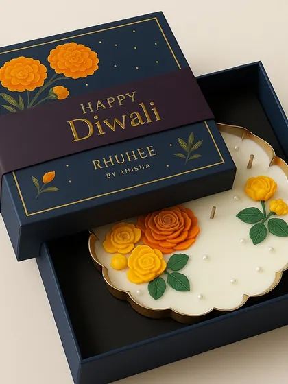 Light up Diwali with this piece of festive art. Our handcrafted floral candle, featuring bright marigolds, is nestled in a royal navy box with a 'Happy Diwali' sleeve, ready to make your celebrations unforgettable.
