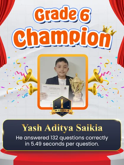 Meet Yash, our Grade 6 National Arithmetic Champion. By answering 132 questions with an average time of just 5.49 seconds per question, he showcases the incredible speed and accuracy our students develop.