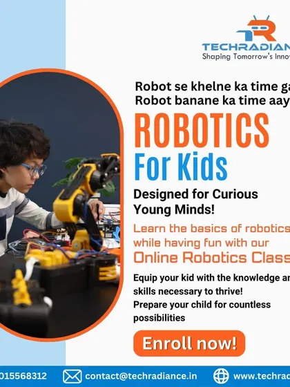 A promotional graphic for our online robotics classes, designed for curious young minds to learn the basics while having fun.