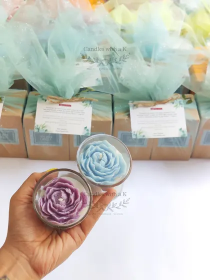 A corporate gifting order for the educators at Redbricks School, Ahmedabad. Each hamper included two peony votive jar candles with a custom thank you note.