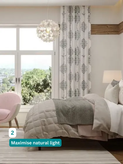 Maximizing natural light is crucial for a spacious feel. We kept the furniture minimal and used light-colored curtains to ensure this bedroom feels bright and airy.