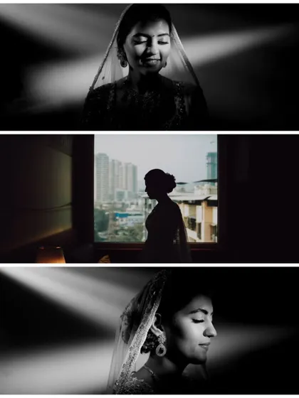 A collage of artistic black and white bridal portraits, playing with light and shadows.
