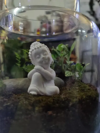 A close-up of a finished terrarium featuring a serene Buddha figurine. We provide a variety of miniatures and decorative elements so each participant can personalize their creation.