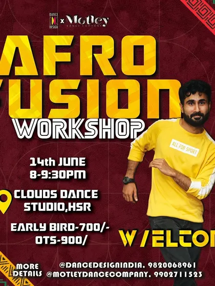 This poster announces our Afro Fusion workshop, a high-energy class open to all levels. It's a great opportunity to learn a fun choreography and explore a new dance style.