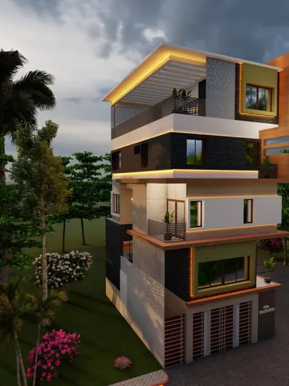 A different angle of the RR Nagar project, highlighting the rooftop terrace and the interplay of different building masses.