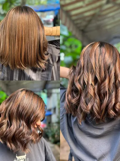 Crème caramel vibes. This collage shows the transformation to a sizzling caramel brown on a fresh long bob. This is a non-bleach color. (No filter)