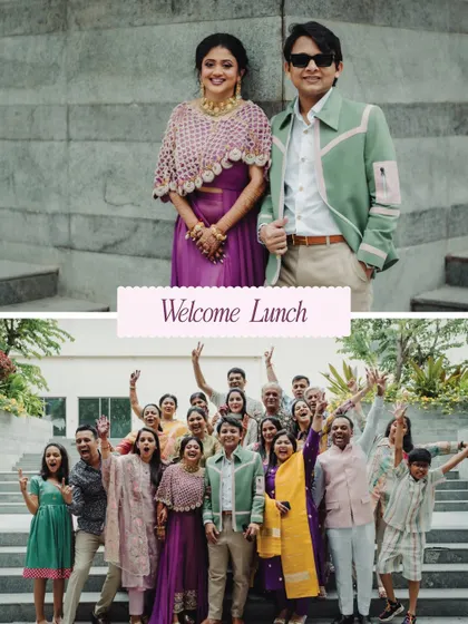 Moments from the Welcome Lunch, where guests gathered to kick off the wedding festivities with smiles and group photos.