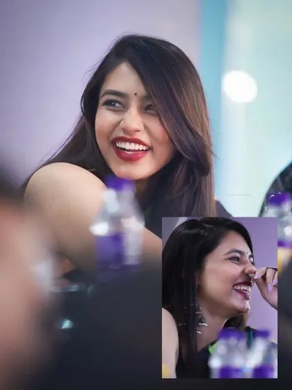 A collage of candid shots showing actress Sapthami Gowda's infectious laugh. These photos highlight my ability to capture genuine, happy moments during events.