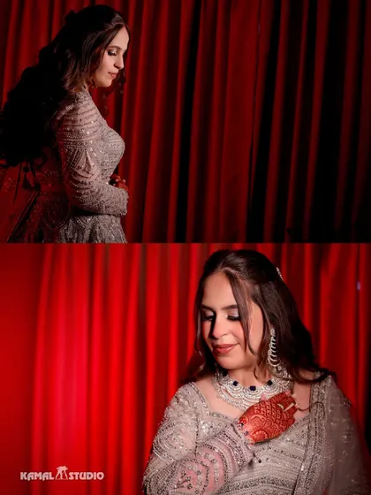 A diptych of the bride against a rich red curtain, her serene expression captured in beautiful lighting.