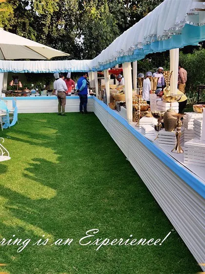 A stunning farmhouse party setup on a lush green lawn. The long buffet line and elegant seating arrangements show how we transform any space into the perfect venue for an intimate celebration.