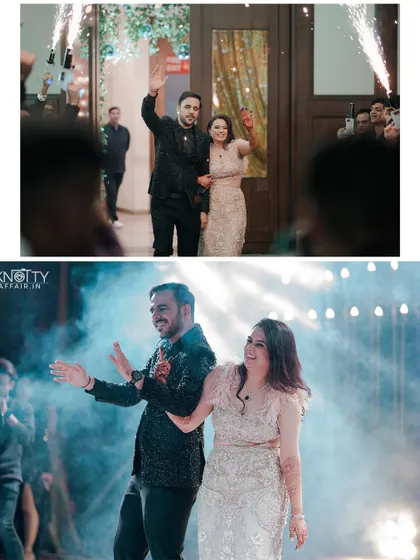 The couple's grand entrance to their Sangeet, waving to guests and dancing through the smoke. We capture the excitement from the very start of the party.