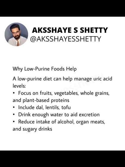 A low-purine diet can help manage high uric acid. I advise focusing on fruits, vegetables, and plant-based proteins while reducing alcohol, organ meats, and sugary drinks.