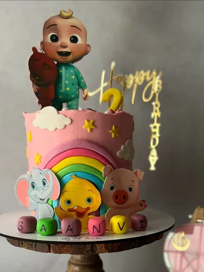 A sweet Cocomelon cake for a second birthday, featuring JJ and his animal friends. The bright colors and familiar characters make it an instant favorite with toddlers.
