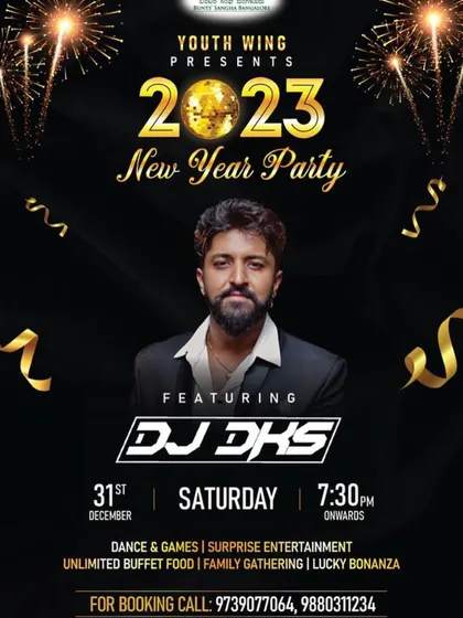 The official poster for the 2023 New Year Party hosted by the Youth Wing at Bunts Sangha. These family-friendly, large-scale gatherings are a fantastic way to ring in the new year.