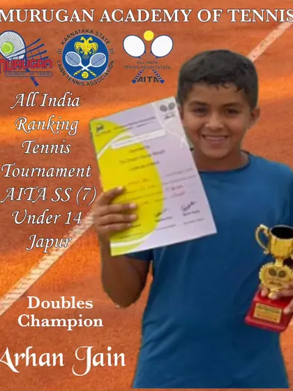 Arhan Jain, the Doubles Champion at the AITA Super Series Under 14 tournament in Jaipur. His success on the national circuit is a proud achievement for the academy.