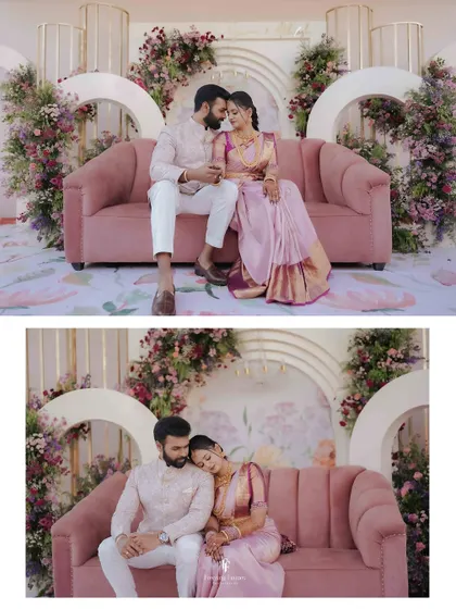 Two beautiful portraits of the couple on their engagement day, seated on a pink sofa. These images capture both a shared glance and a moment of quiet connection.