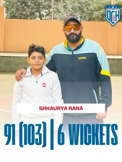 A graphic celebrating the great all-round performance by our talented young player, Shaurya Rana, who scored 91 runs and took 6 wickets.
