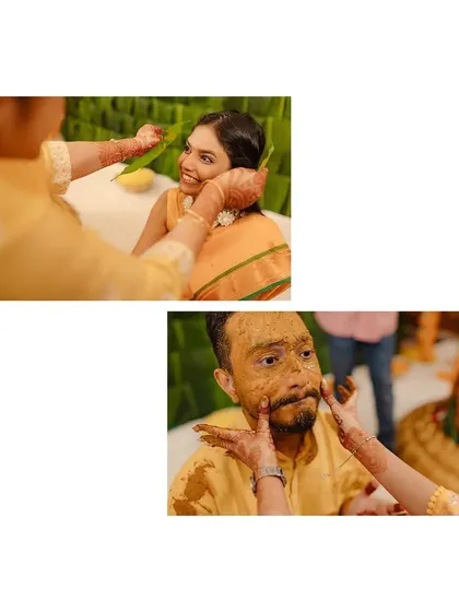 A collage showing the traditional and playful aspects of the Haldi ceremony.