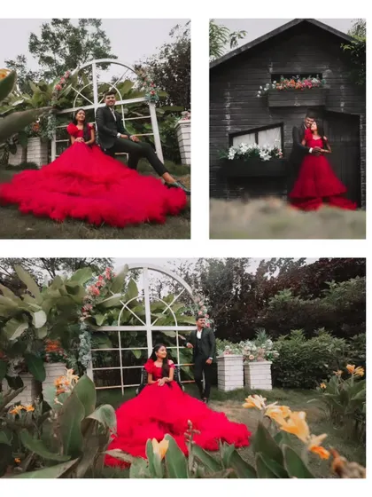 A collage showcasing a dramatic pre-wedding shoot with the bride in a stunning red gown. We use different angles and settings to highlight the elegance of the couple and their outfits.