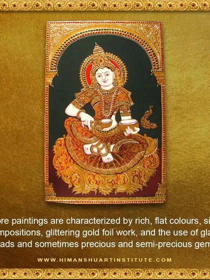 A stunning Tanjore painting of a goddess, showcasing the characteristic gold foil and simple, elegant composition that we teach in our workshops.