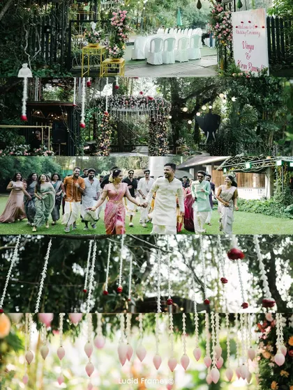 A collage capturing the overall vibe of the garden wedding, from the decor details to the joyful procession.