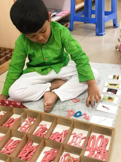 A student works with the Moveable Alphabet and corresponding picture cards. This activity helps children analyze the phonetic sounds in words and physically construct them, creating a solid foundation for reading and spelling.